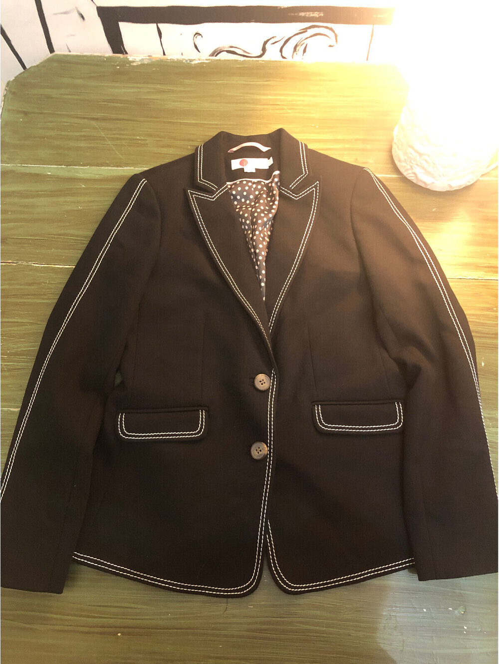 BODEN Women's Black Lined Wool Blend Blazer with White Contrast Stitching Size 6
